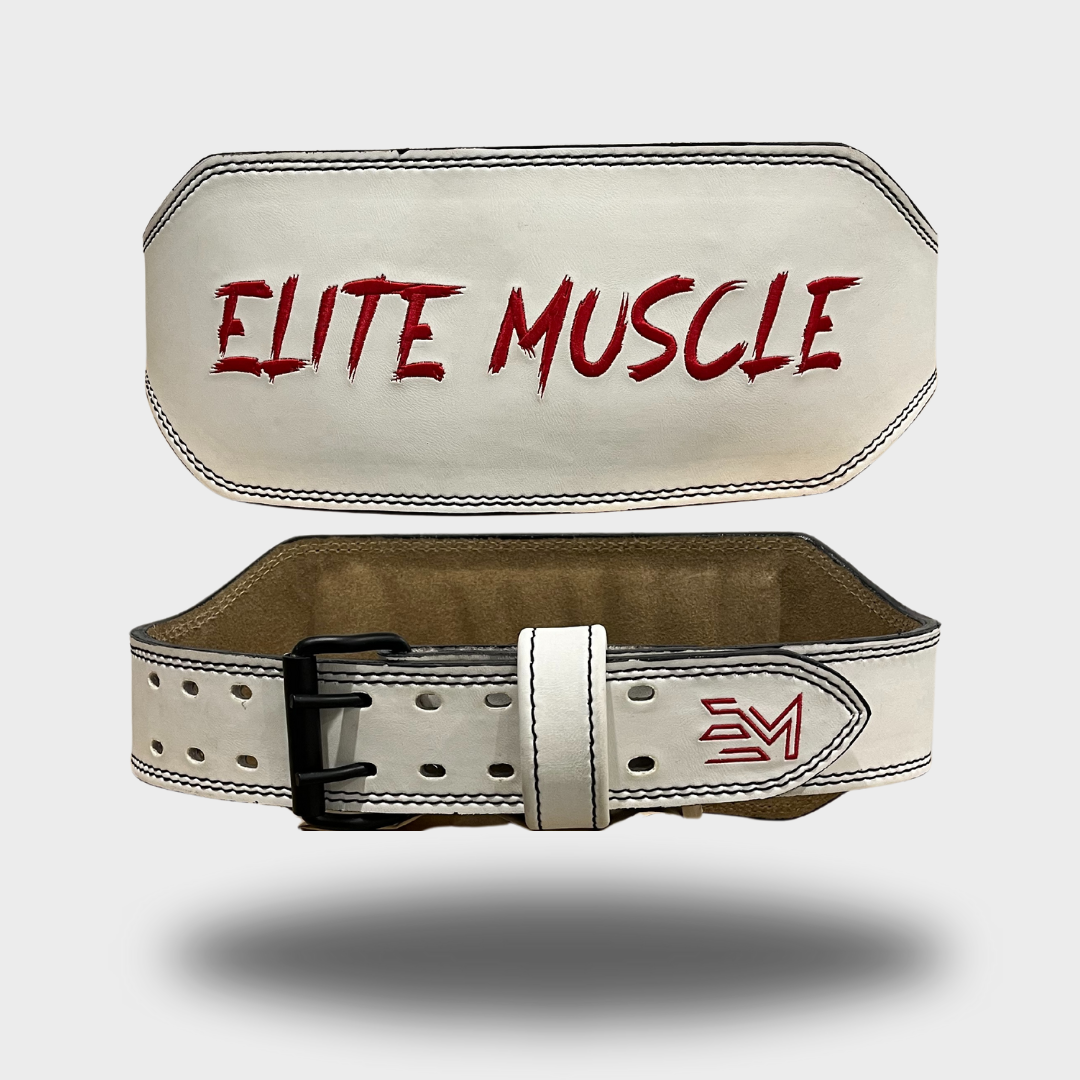 White/Red Elite Muscle 6" Leather Weightlifting Belt