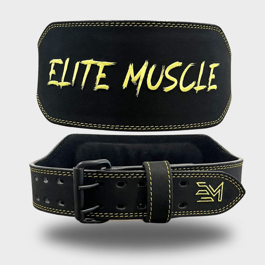 Black/Yellow Elite Muscle 6" Leather Weightlifting Belt