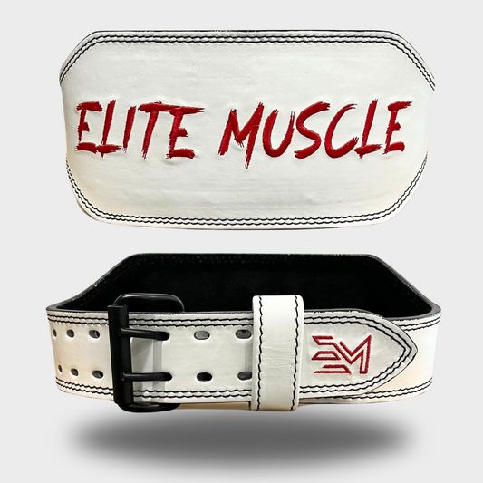 White/Red Elite Muscle 6" Leather Weightlifting Belt