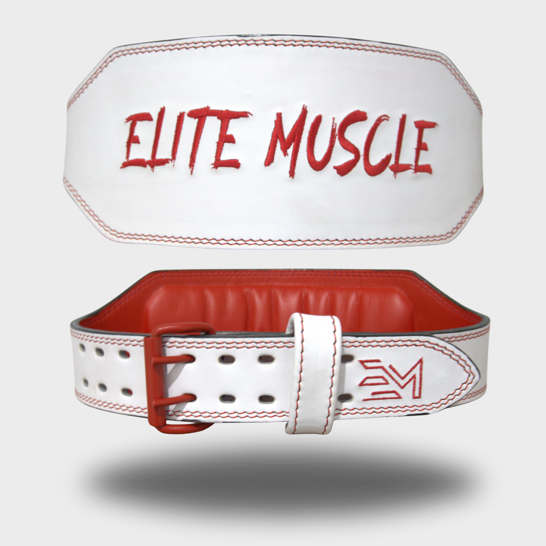 White/Red Elite Muscle 6" Leather Weightlifting Belt